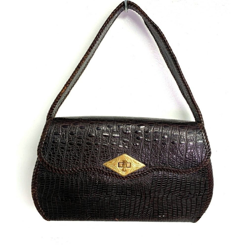 TRUE VINTAGE CROCO BROWN GENUINE LEATHER FLAP TURN LOCK HANDBAG PURSE POCKETBOOK